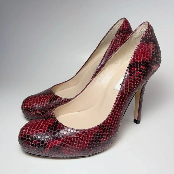 L.K. Bennett Womens 37.5 Snakeskin Maroon Heel Pump Shoes - Picture 3 of 15